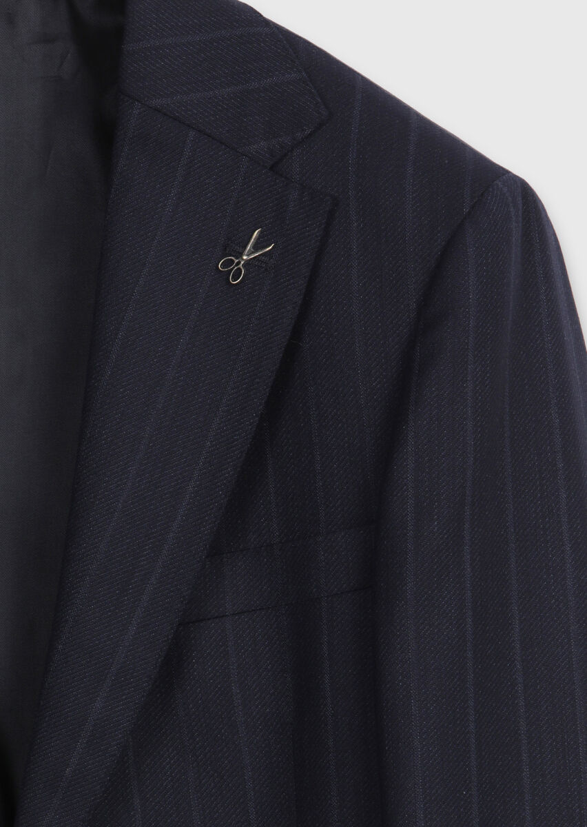 Navy Blue Striped Regular Fit 100% Wool Suit - 7