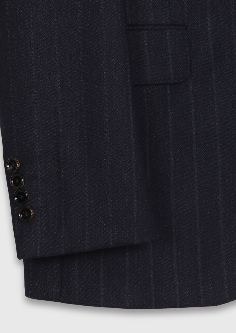 Navy Blue Striped Regular Fit 100% Wool Suit - 8