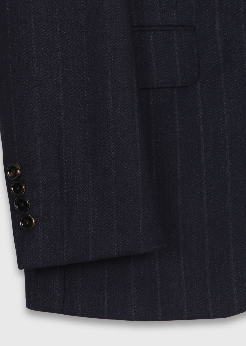 Navy Blue Striped Regular Fit 100% Wool Suit - 8