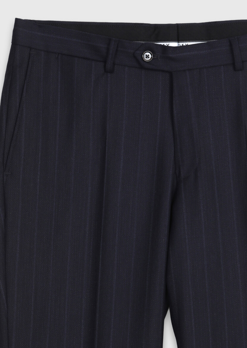 Navy Blue Striped Regular Fit 100% Wool Suit - 9