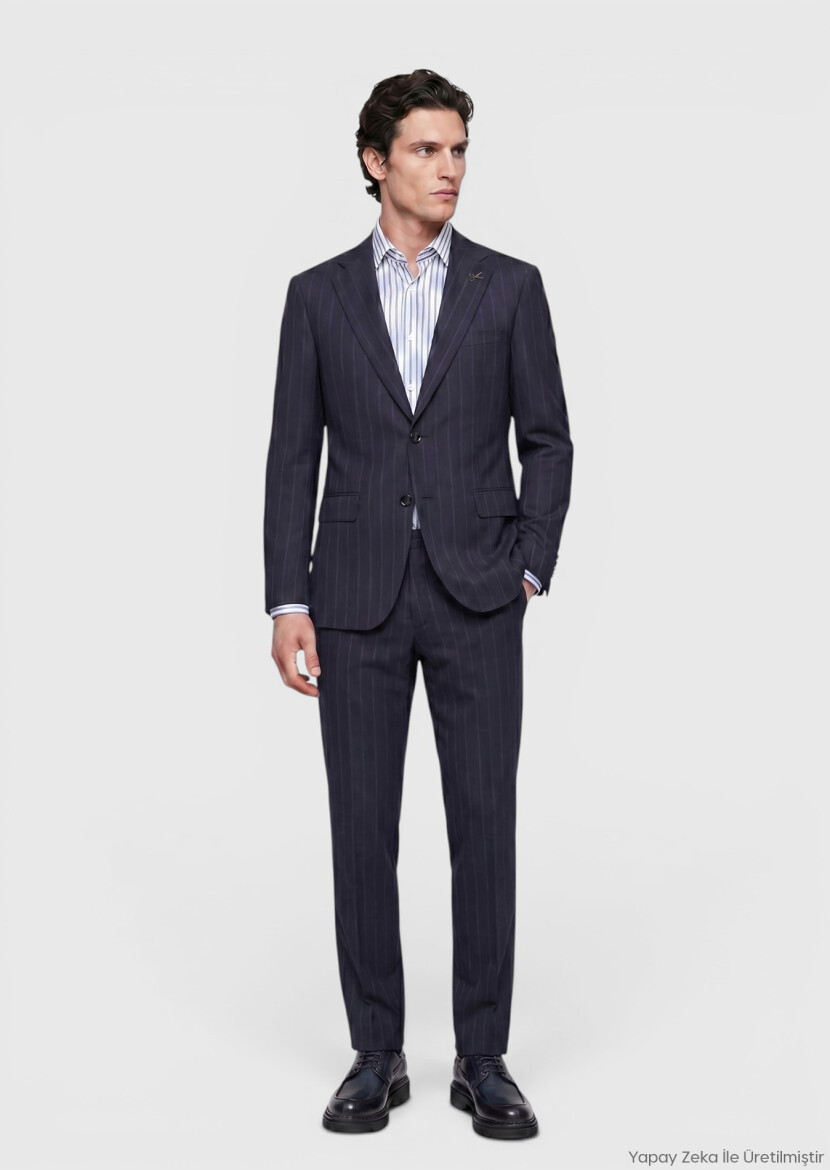Navy Blue Striped Regular Fit 100% Wool Suit - RAMSEY