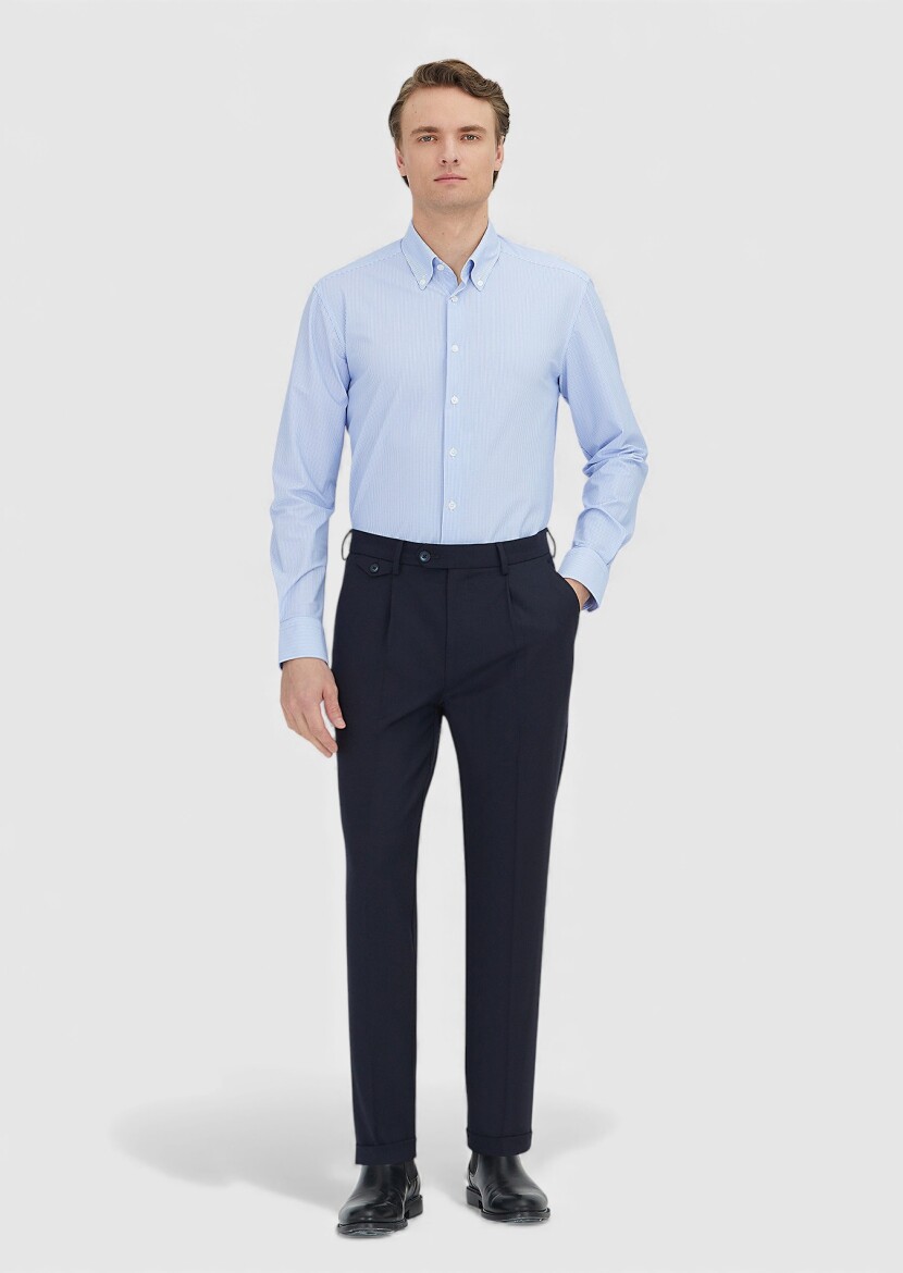 Navy Blue Striped Regular Fit Knitting Classical Shirt - RAMSEY