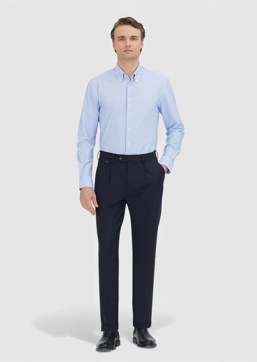 Navy Blue Striped Regular Fit Knitting Classical Shirt - 2