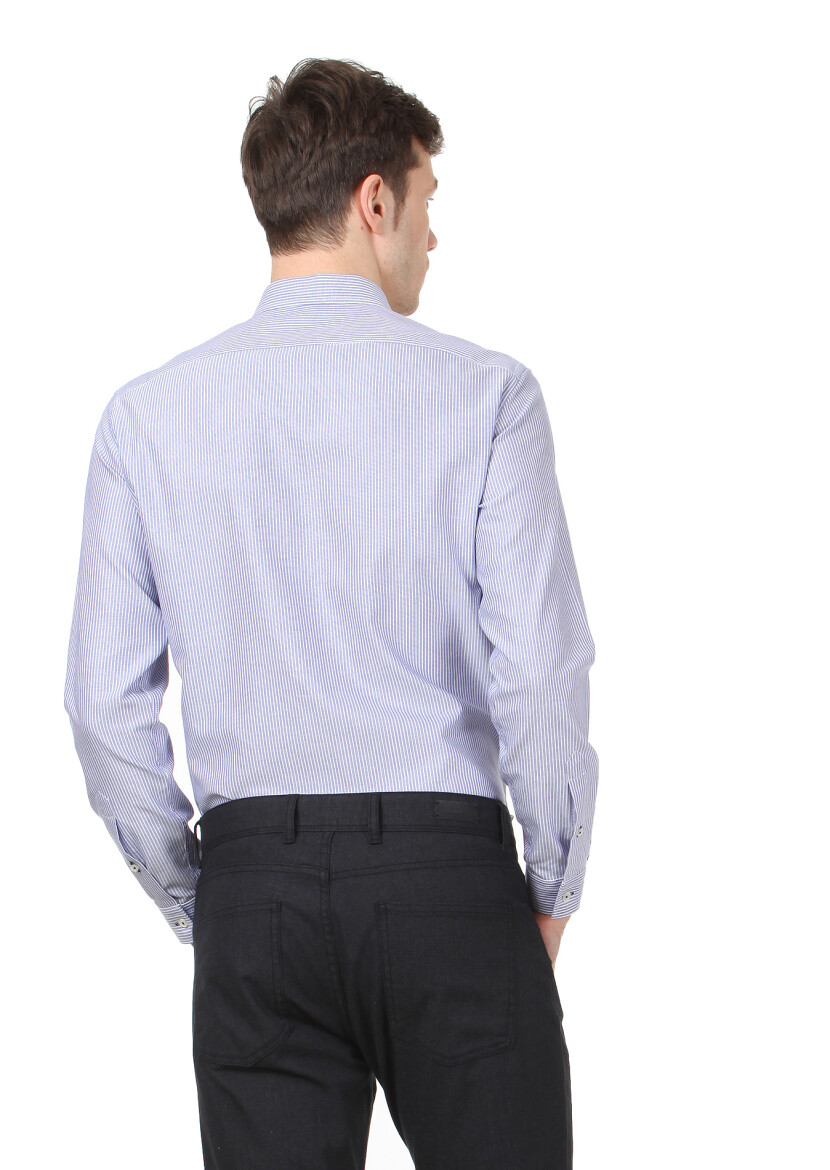 Navy Blue Striped Regular Fit Long Weaving Casual 100% Cotton Shirt - 4