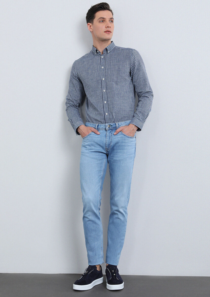 Navy Blue Striped Regular Fit Long Weaving Casual 100% Cotton Shirt - 1