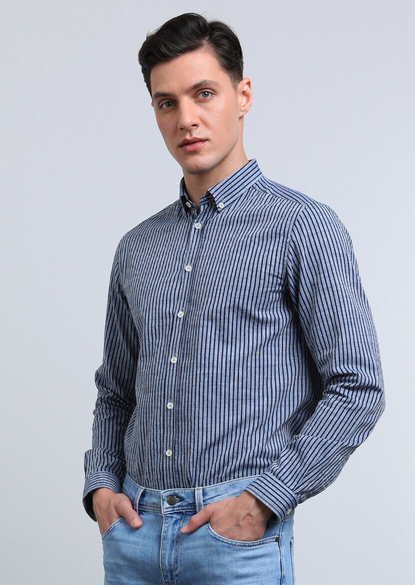 Navy Blue Striped Regular Fit Long Weaving Casual 100% Cotton Shirt - 3