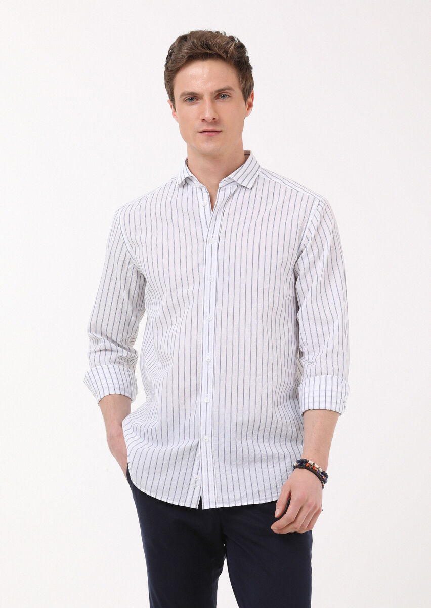 Navy Blue Striped Regular Fit Long Weaving Casual Cotton Blended Shirt - 1
