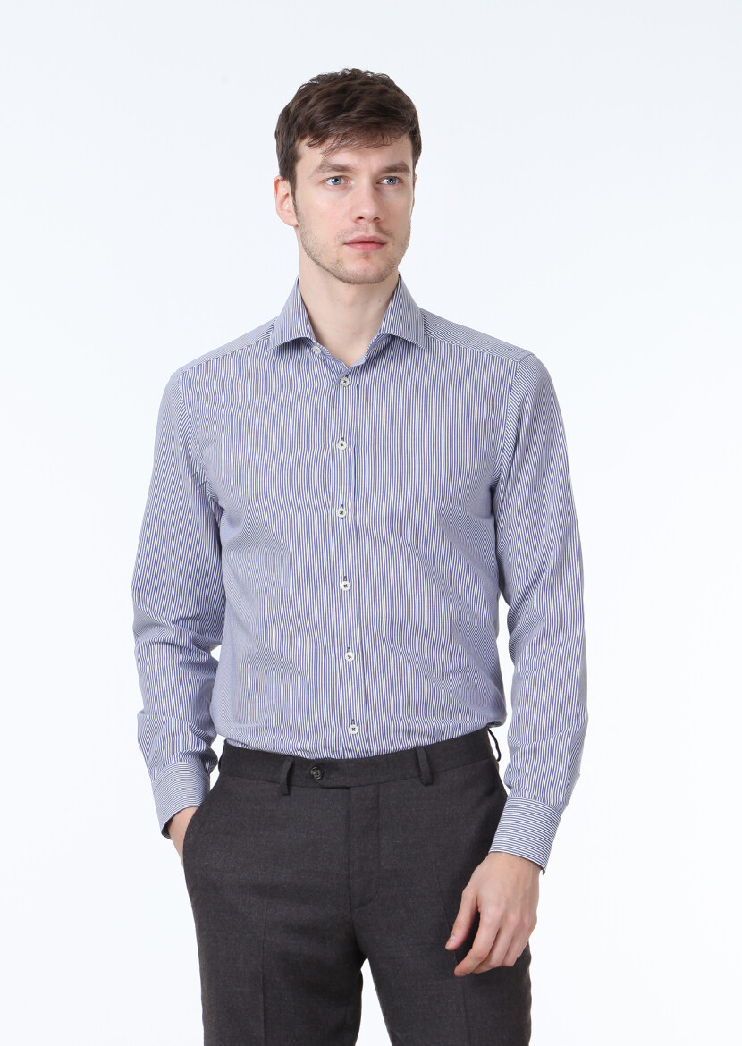 Navy Blue Striped Regular Fit Long Weaving Classical 100% Cotton Shirt - 1