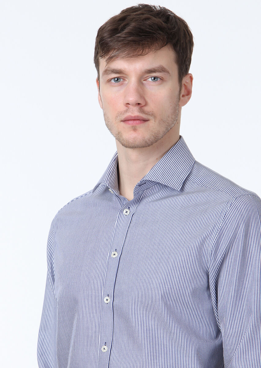 Navy Blue Striped Regular Fit Long Weaving Classical 100% Cotton Shirt - 2