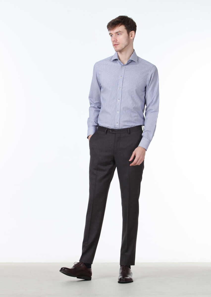 Navy Blue Striped Regular Fit Long Weaving Classical 100% Cotton Shirt - 3