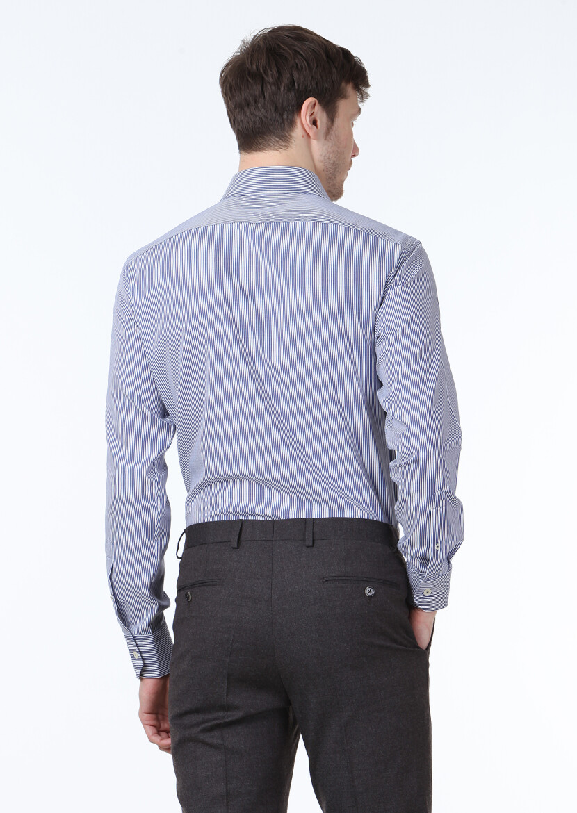 Navy Blue Striped Regular Fit Long Weaving Classical 100% Cotton Shirt - 4