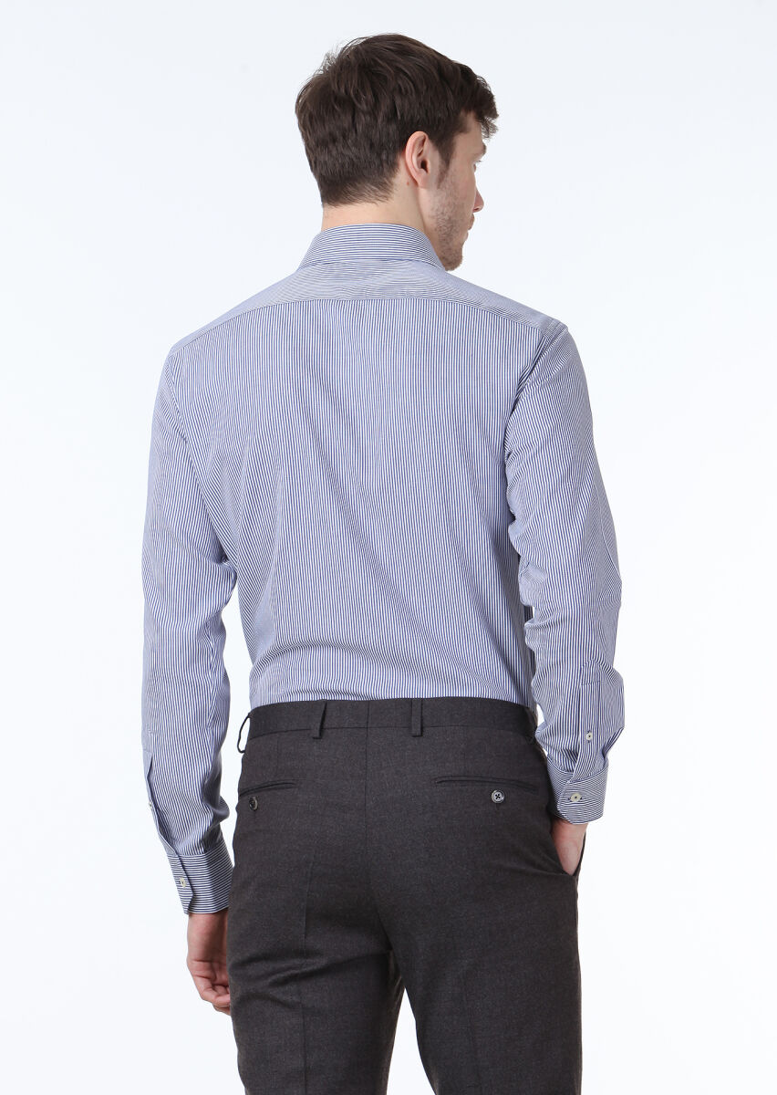 Navy Blue Striped Regular Fit Long Weaving Classical 100% Cotton Shirt - 4