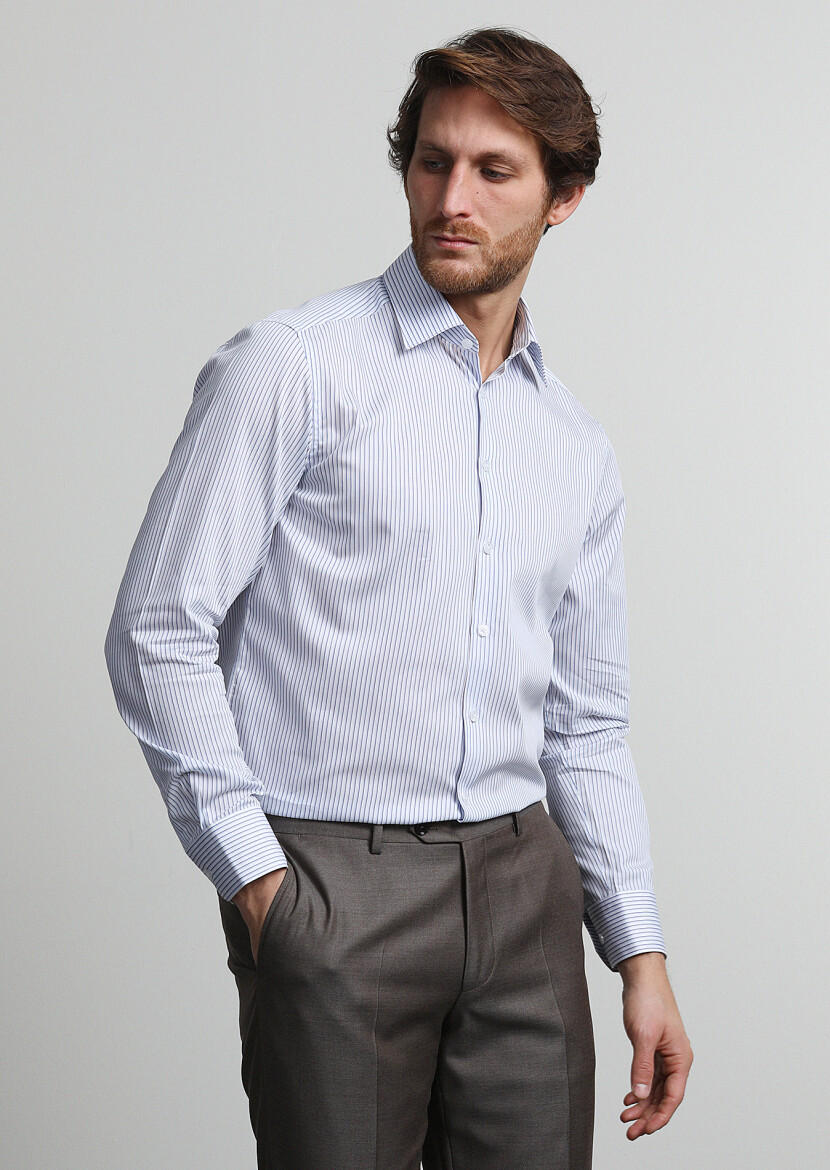 Navy Blue Striped Regular Fit Long Weaving Classical 100% Cotton Shirt - 1