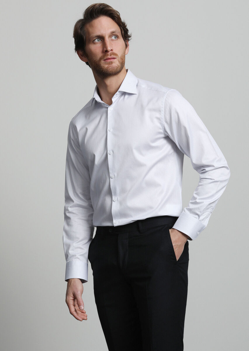 Navy Blue Striped Regular Fit Long Weaving Classical 100% Cotton Shirt - 1