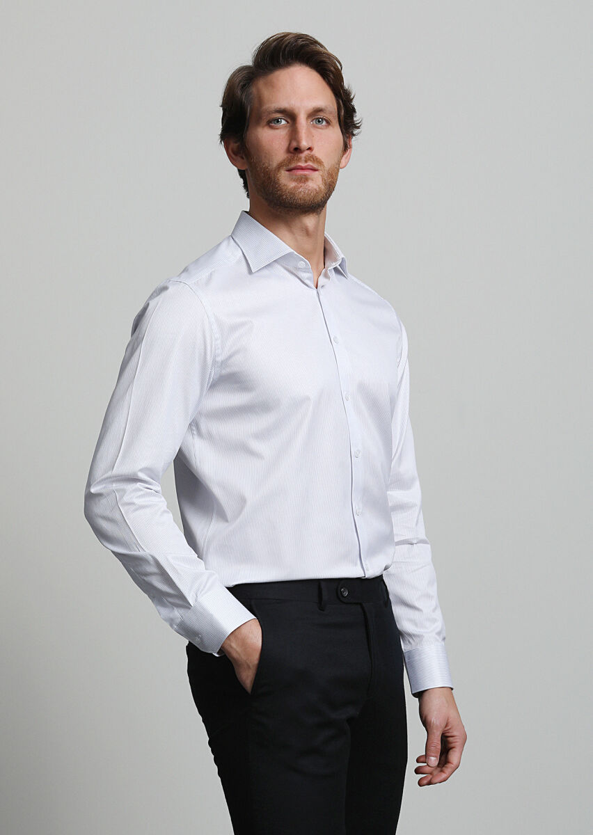 Navy Blue Striped Regular Fit Long Weaving Classical 100% Cotton Shirt - 3