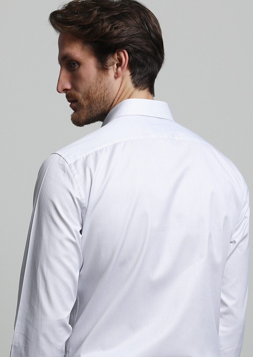 Navy Blue Striped Regular Fit Long Weaving Classical 100% Cotton Shirt - 4
