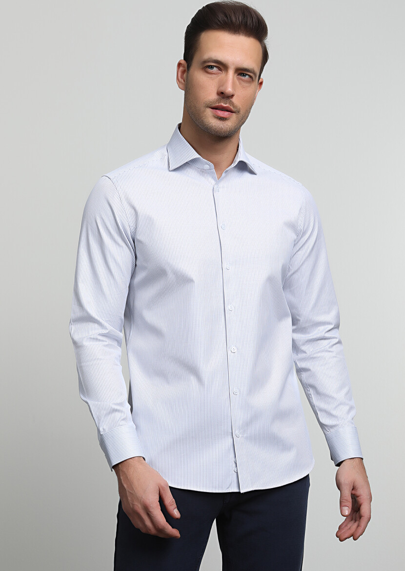 Navy Blue Striped Regular Fit Long Weaving Classical 100% Cotton Shirt - 1