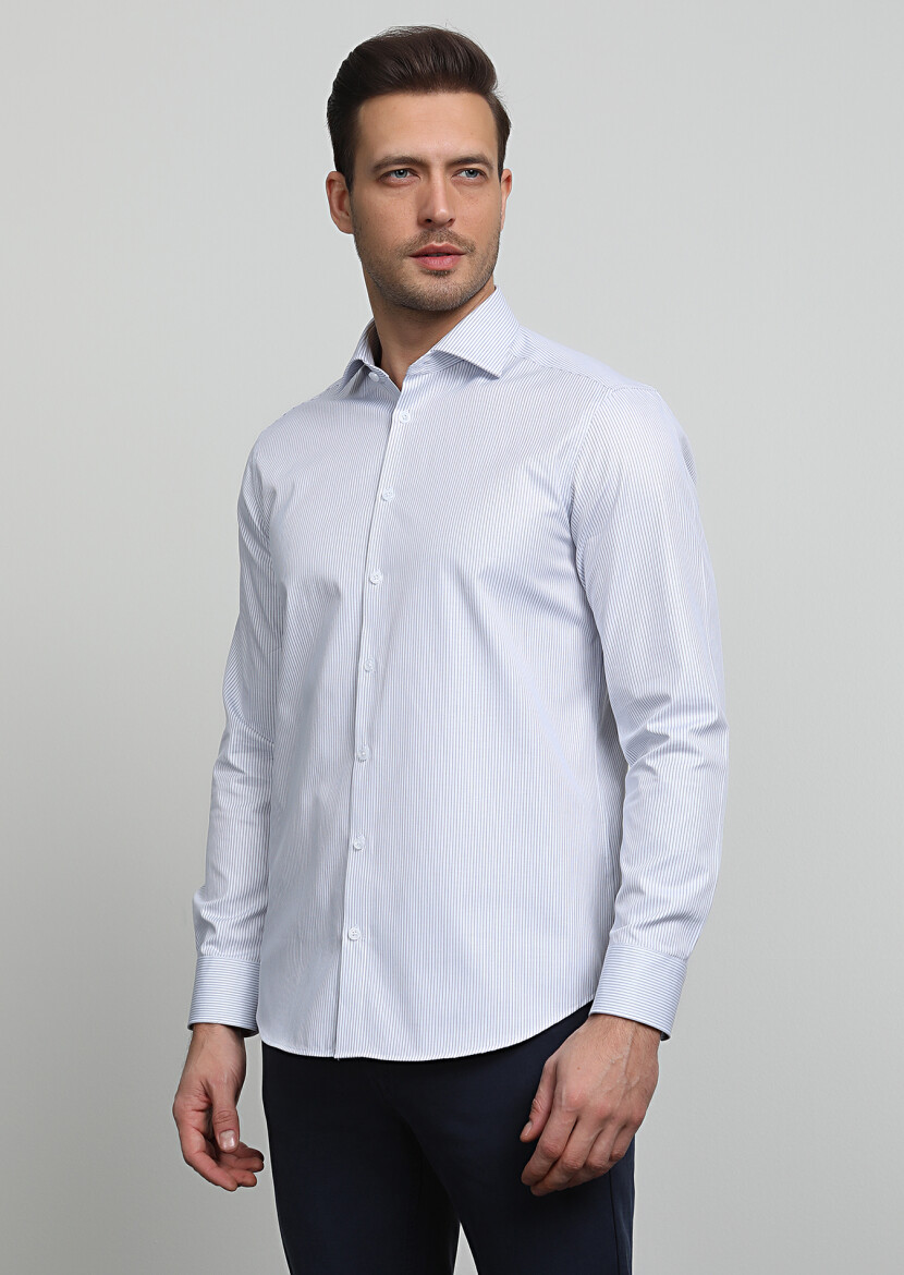 Navy Blue Striped Regular Fit Long Weaving Classical 100% Cotton Shirt - 2