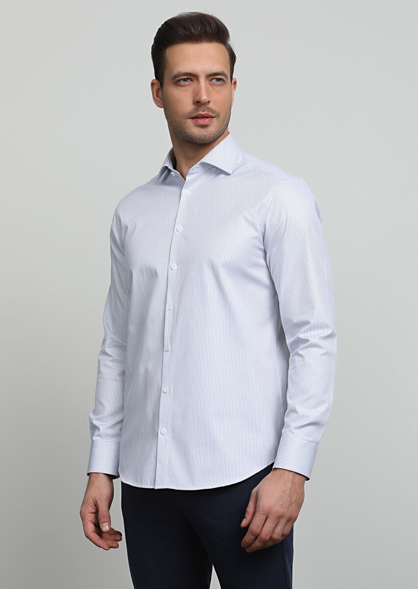 Navy Blue Striped Regular Fit Long Weaving Classical 100% Cotton Shirt - 2