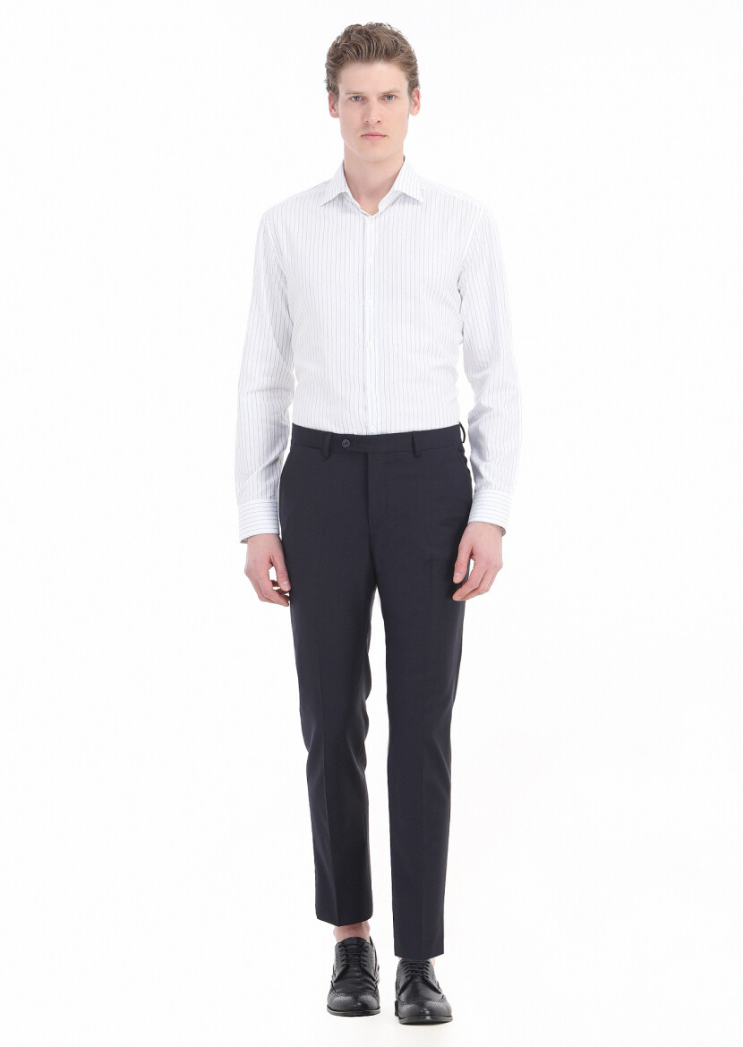 Navy Blue Striped Regular Fit Long Weaving Classical 100% Cotton Shirt - 1