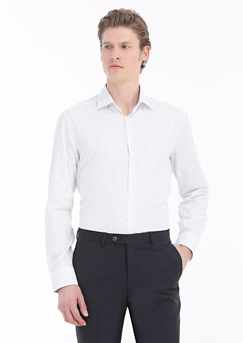 Navy Blue Striped Regular Fit Long Weaving Classical 100% Cotton Shirt - 2