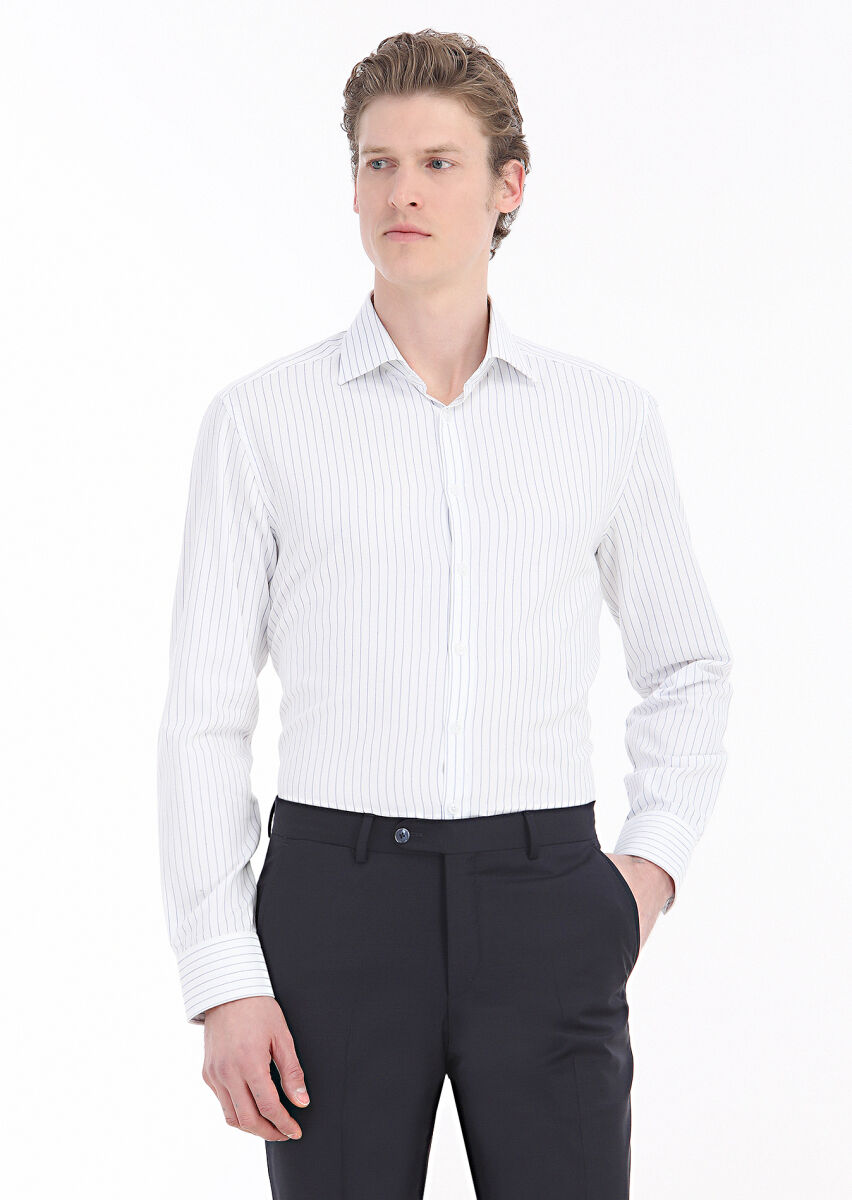 Navy Blue Striped Regular Fit Long Weaving Classical 100% Cotton Shirt - 2