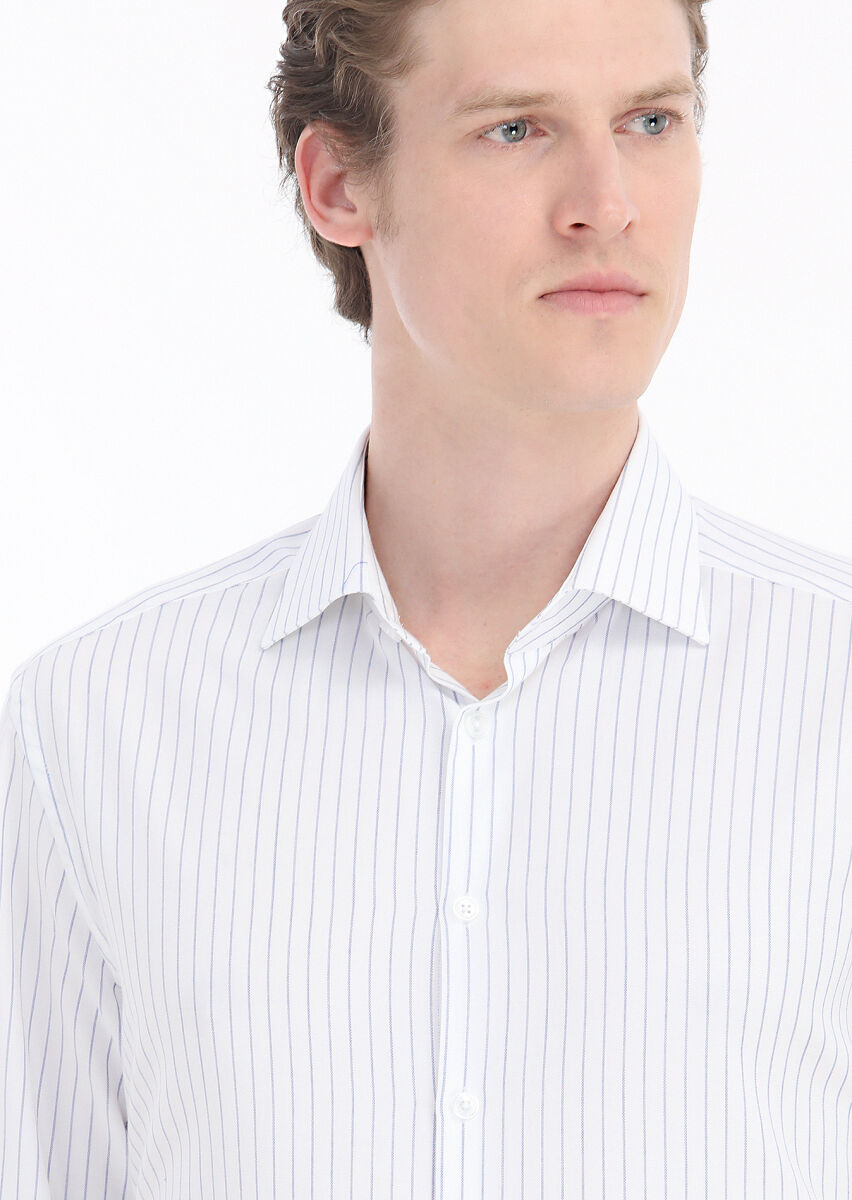 Navy Blue Striped Regular Fit Long Weaving Classical 100% Cotton Shirt - 3