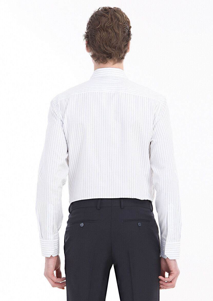 Navy Blue Striped Regular Fit Long Weaving Classical 100% Cotton Shirt - 4