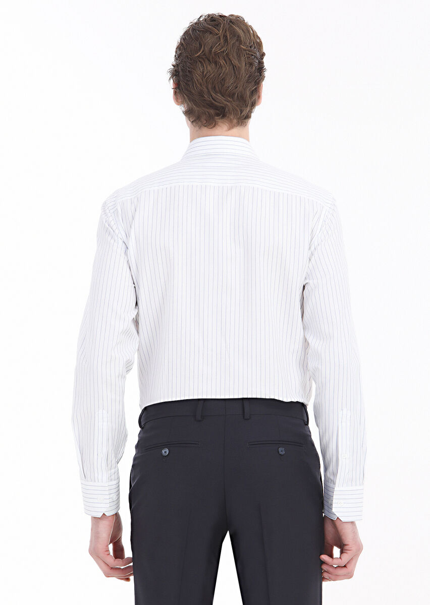 Navy Blue Striped Regular Fit Long Weaving Classical 100% Cotton Shirt - 4