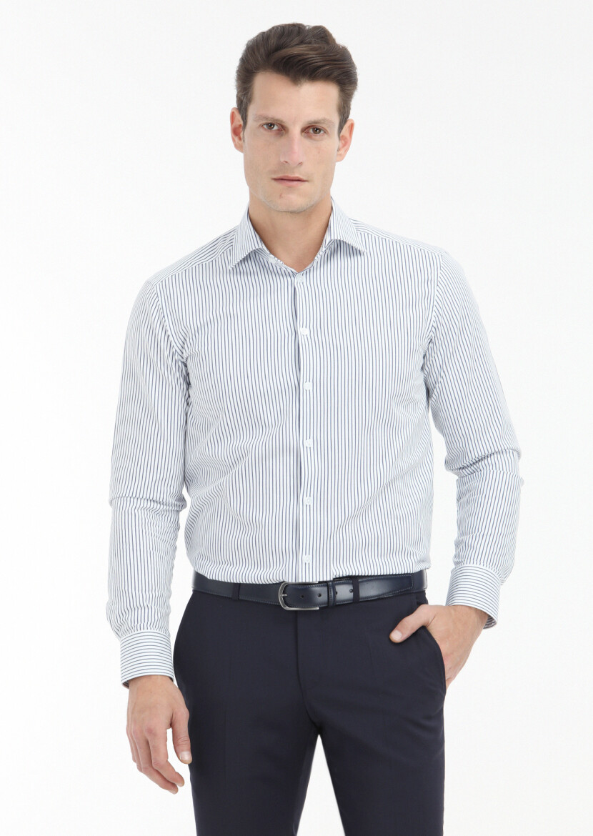 Navy Blue Striped Regular Fit Long Weaving Classical 100% Cotton Shirt 