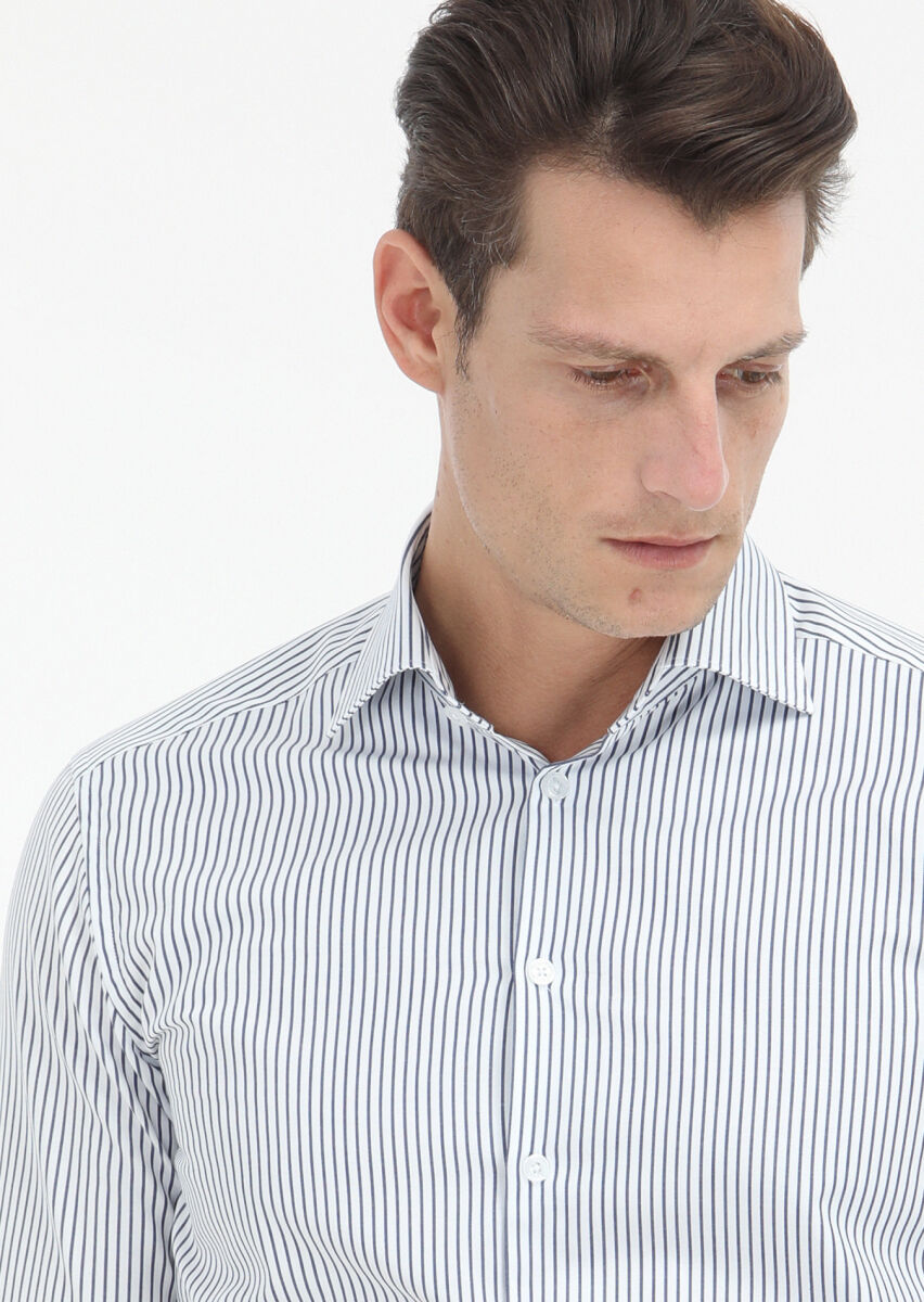 Navy Blue Striped Regular Fit Long Weaving Classical 100% Cotton Shirt - 3