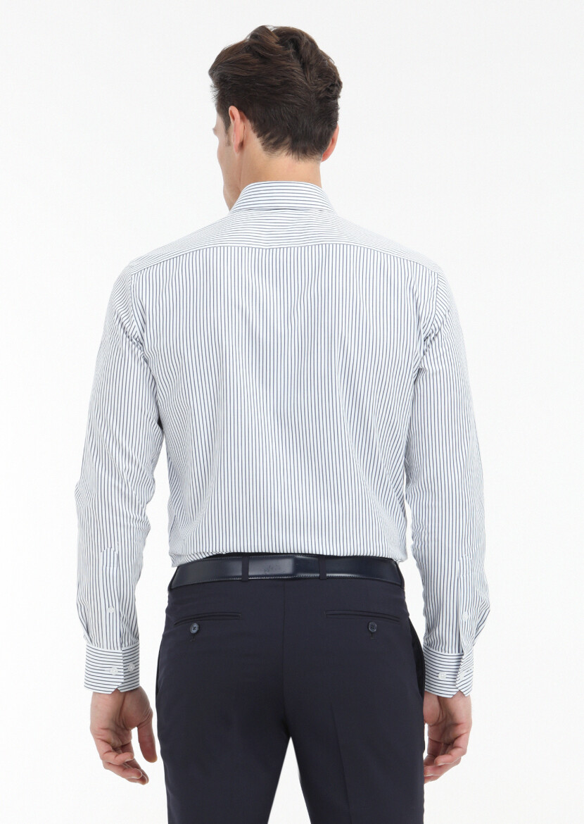 Navy Blue Striped Regular Fit Long Weaving Classical 100% Cotton Shirt - 4