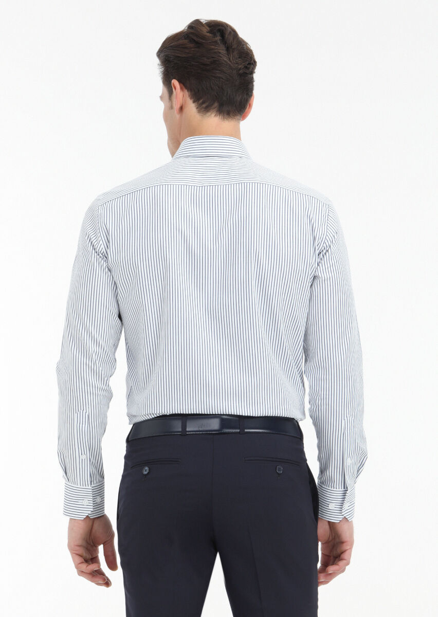 Navy Blue Striped Regular Fit Long Weaving Classical 100% Cotton Shirt - 4