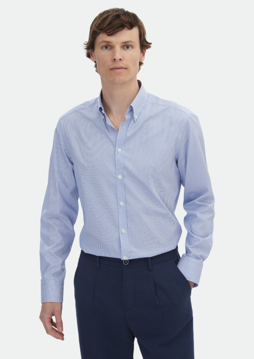 Navy Blue Striped Regular Fit Long Weaving Classical 100% Cotton Shirt - 1