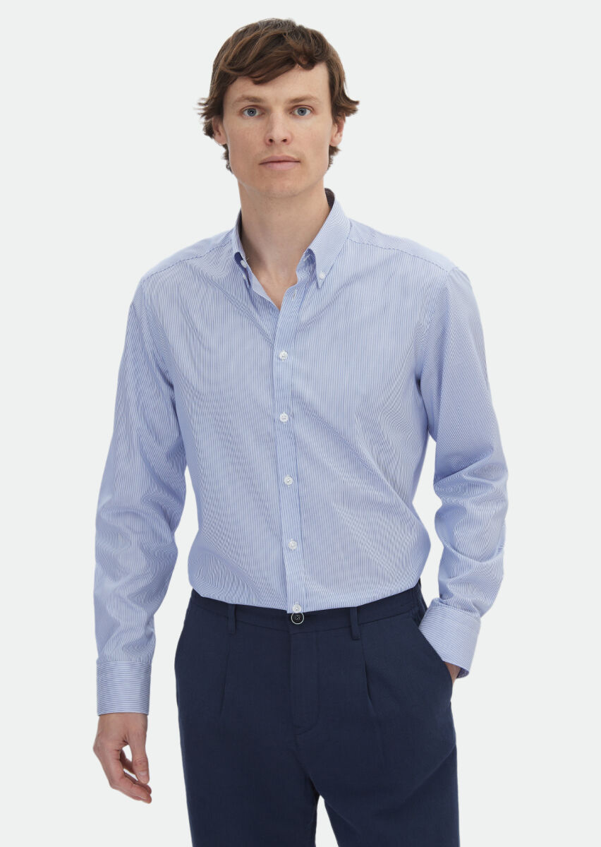 Navy Blue Striped Regular Fit Long Weaving Classical 100% Cotton Shirt - 1