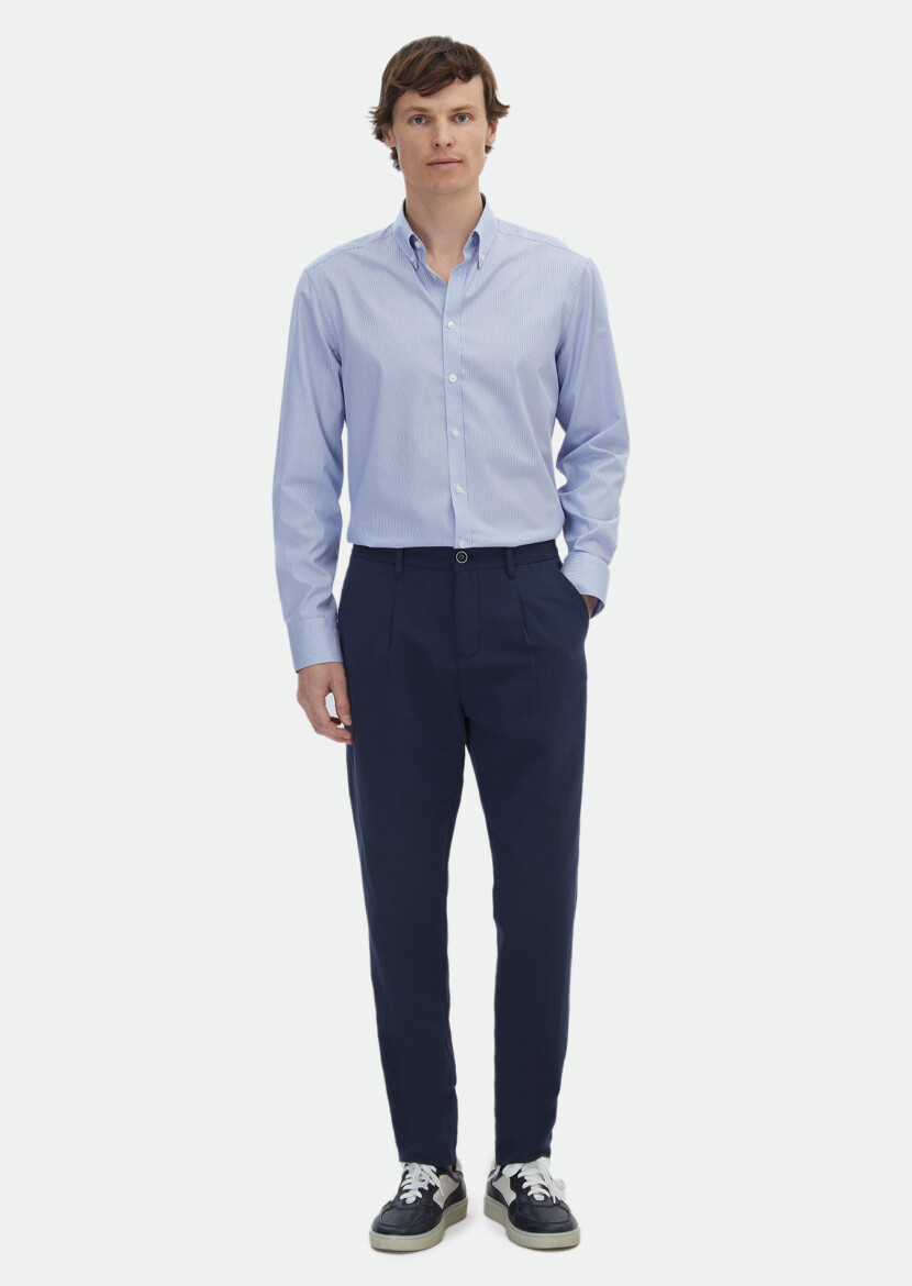 Navy Blue Striped Regular Fit Long Weaving Classical 100% Cotton Shirt - 2