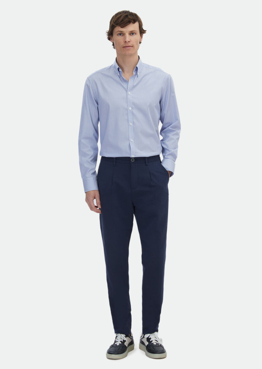 Navy Blue Striped Regular Fit Long Weaving Classical 100% Cotton Shirt - 2