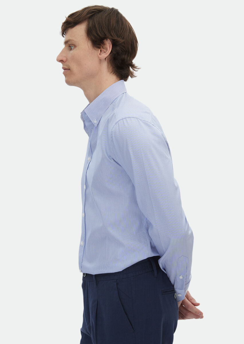 Navy Blue Striped Regular Fit Long Weaving Classical 100% Cotton Shirt - 3