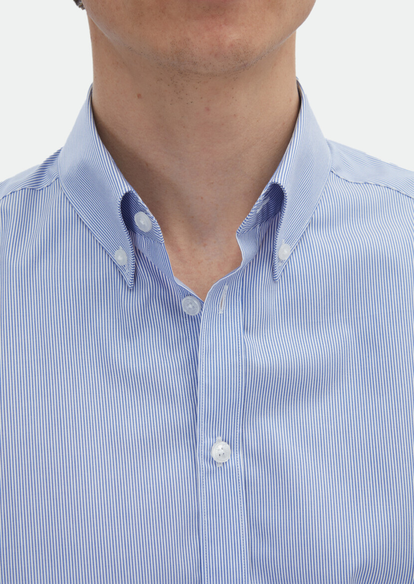 Navy Blue Striped Regular Fit Long Weaving Classical 100% Cotton Shirt - 4