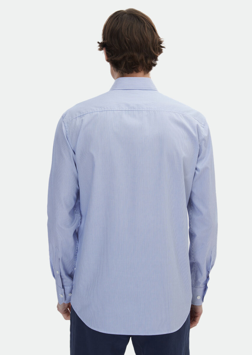 Navy Blue Striped Regular Fit Long Weaving Classical 100% Cotton Shirt - 5