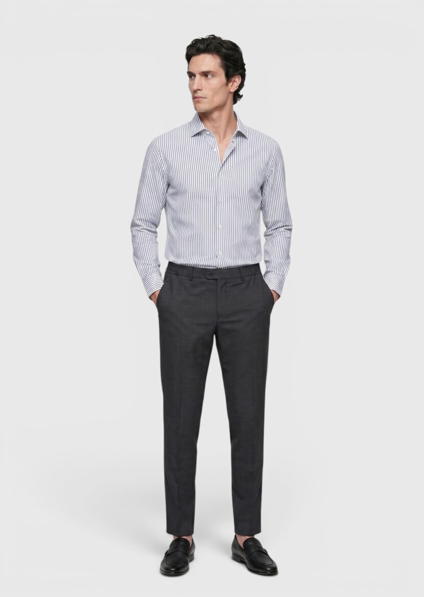 Navy Blue Striped Regular Fit Long Weaving Classical 100% Cotton Shirt - RAMSEY