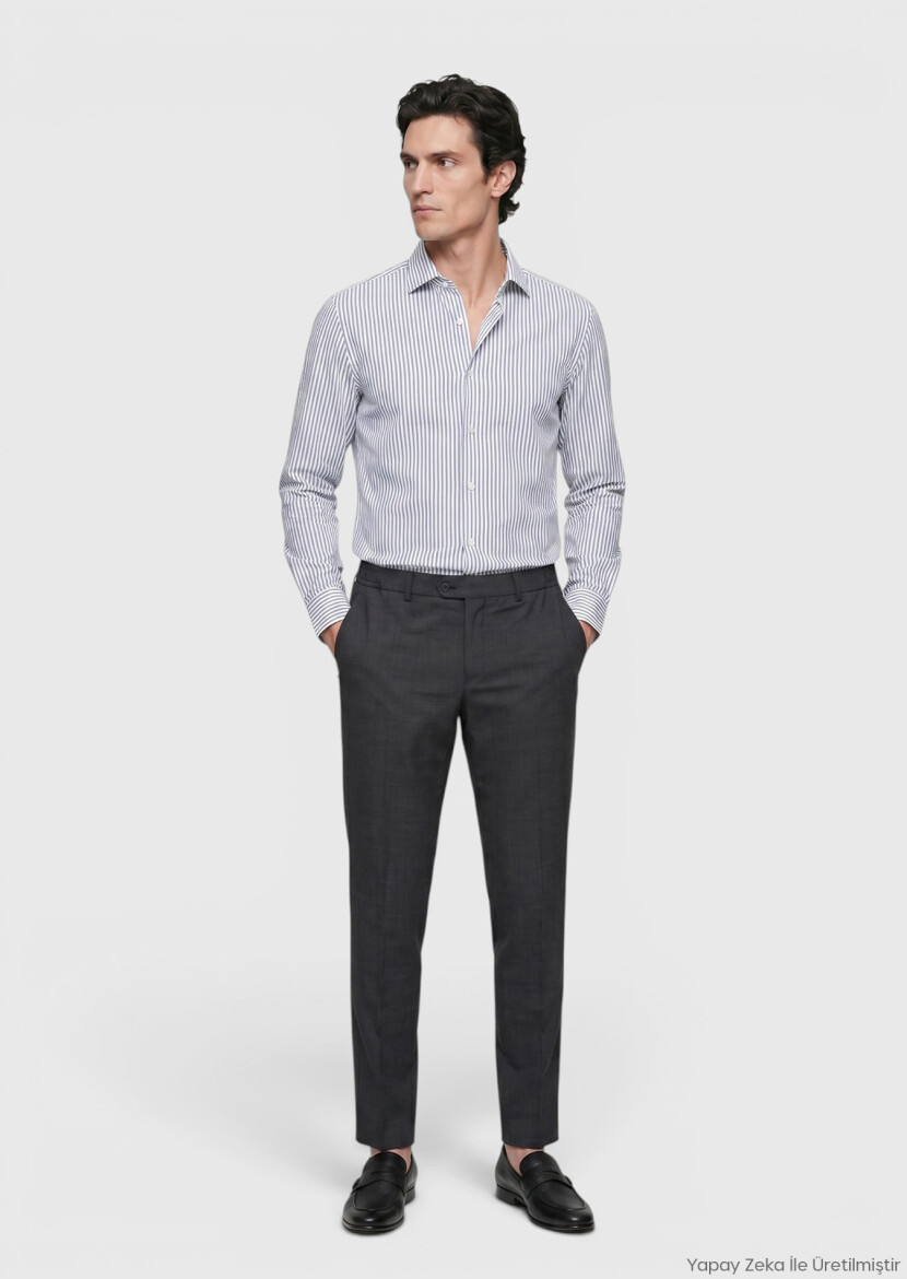 Navy Blue Striped Regular Fit Long Weaving Classical 100% Cotton Shirt - RAMSEY
