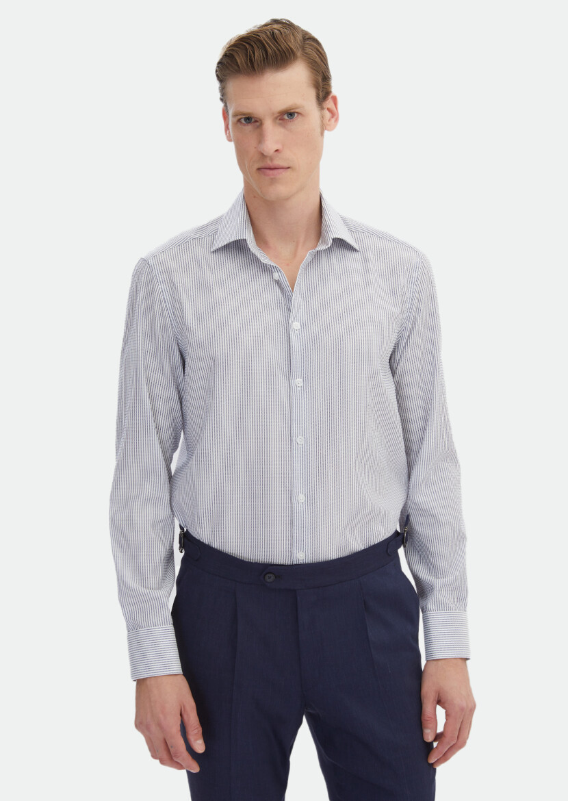 Navy Blue Striped Regular Fit Long Weaving Classical Cotton Blended Shirt - 1