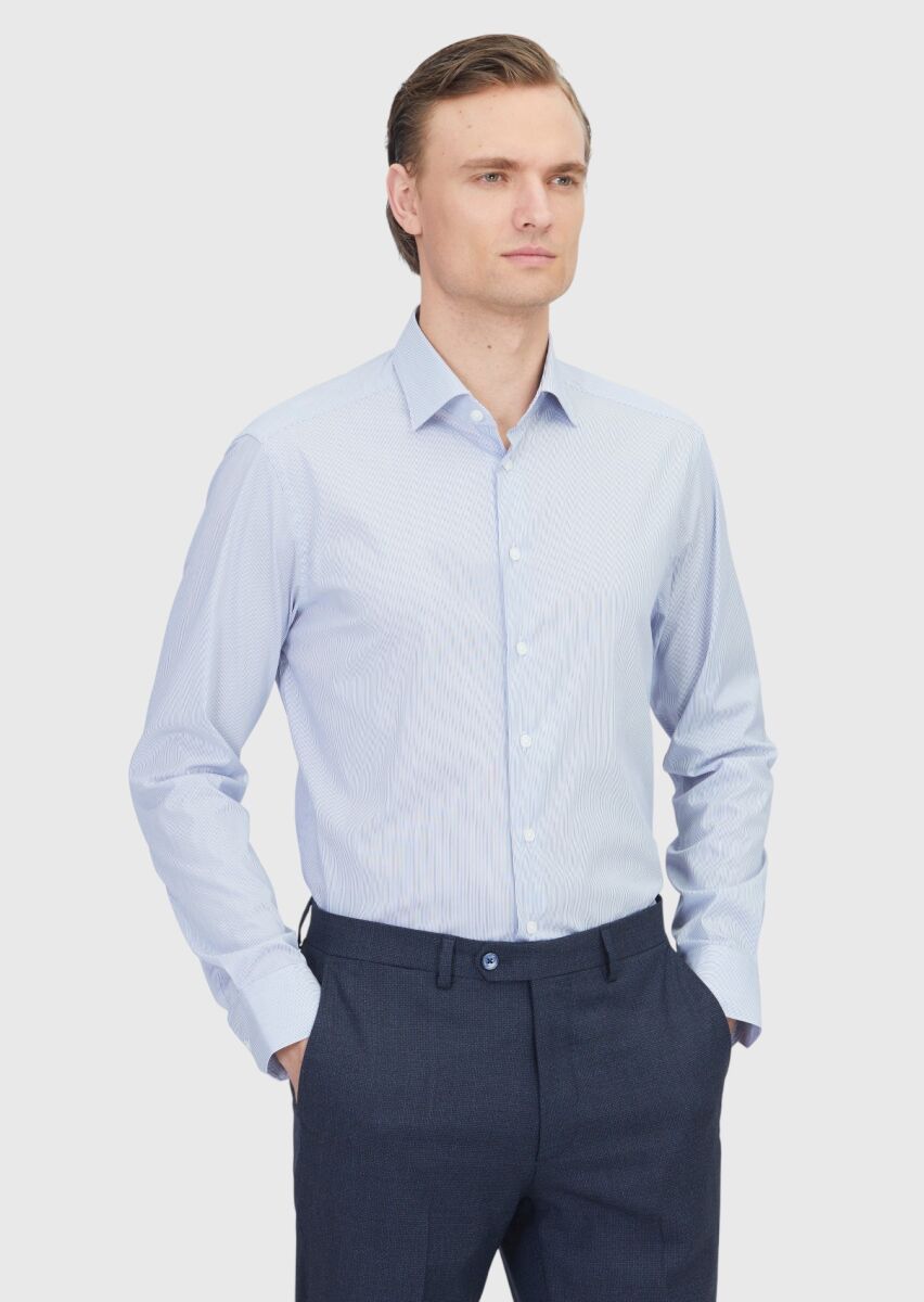 Navy Blue Striped Regular Fit Long Weaving Classical Cotton Blended Shirt - 1