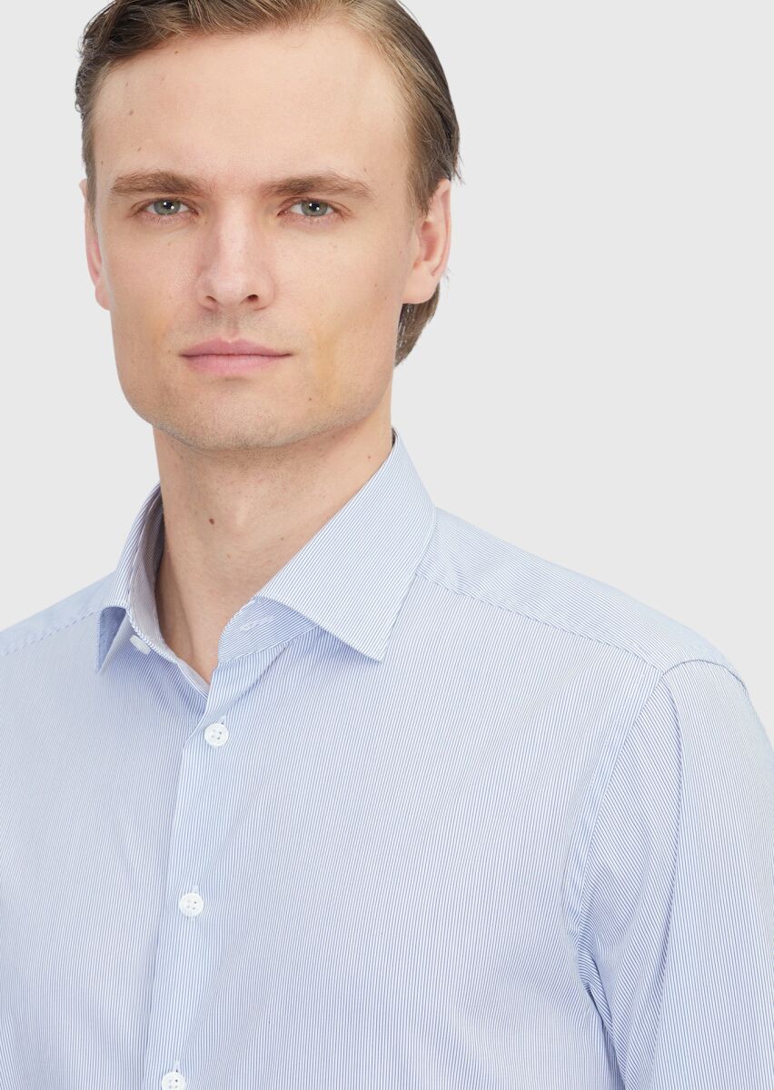 Navy Blue Striped Regular Fit Long Weaving Classical Cotton Blended Shirt - 3