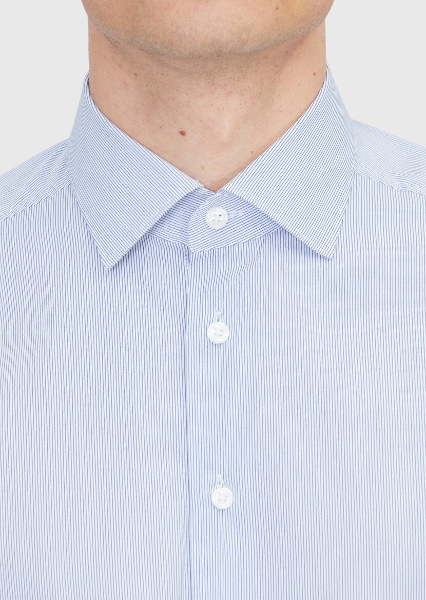 Navy Blue Striped Regular Fit Long Weaving Classical Cotton Blended Shirt - 4