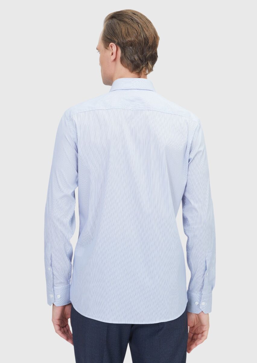 Navy Blue Striped Regular Fit Long Weaving Classical Cotton Blended Shirt - 5