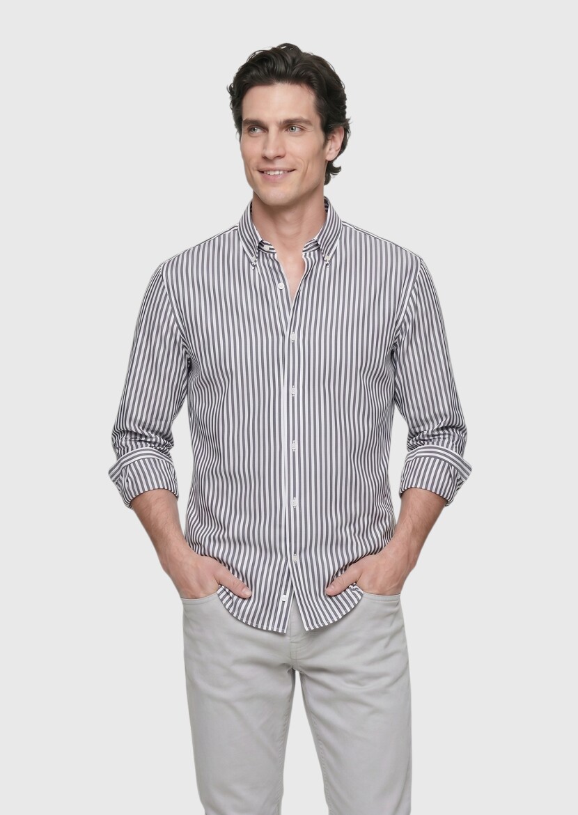Navy Blue Striped Regular Fit Long Weaving Classical Shirt 