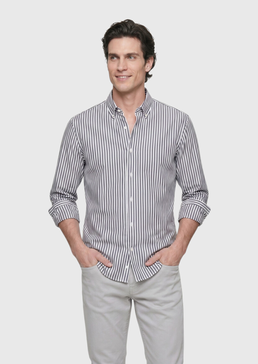 Navy Blue Striped Regular Fit Long Weaving Classical Shirt - RAMSEY