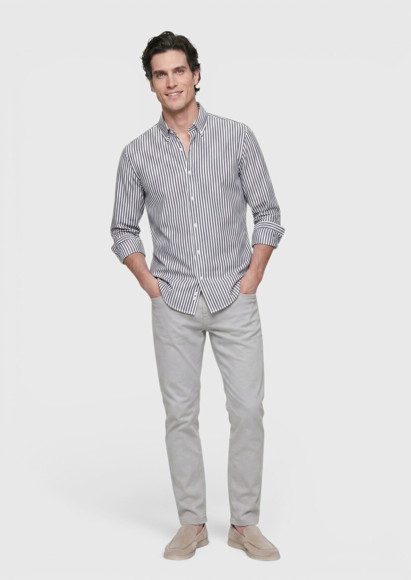 Navy Blue Striped Regular Fit Long Weaving Classical Shirt - RAMSEY